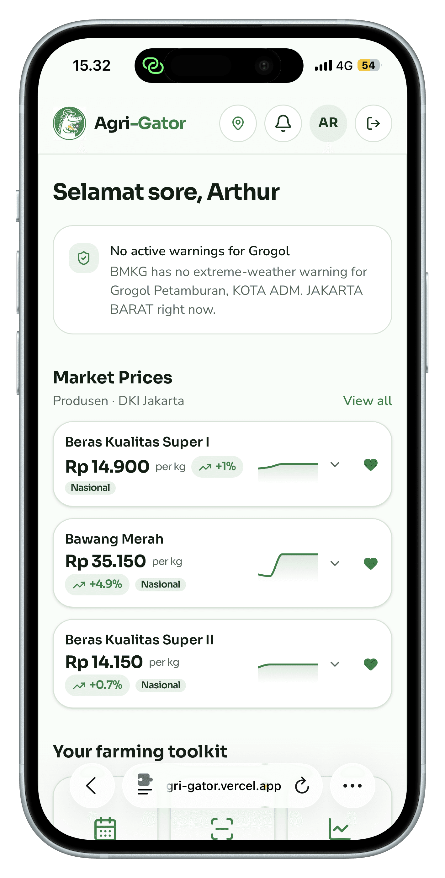 The Agri-Gator dashboard on a phone