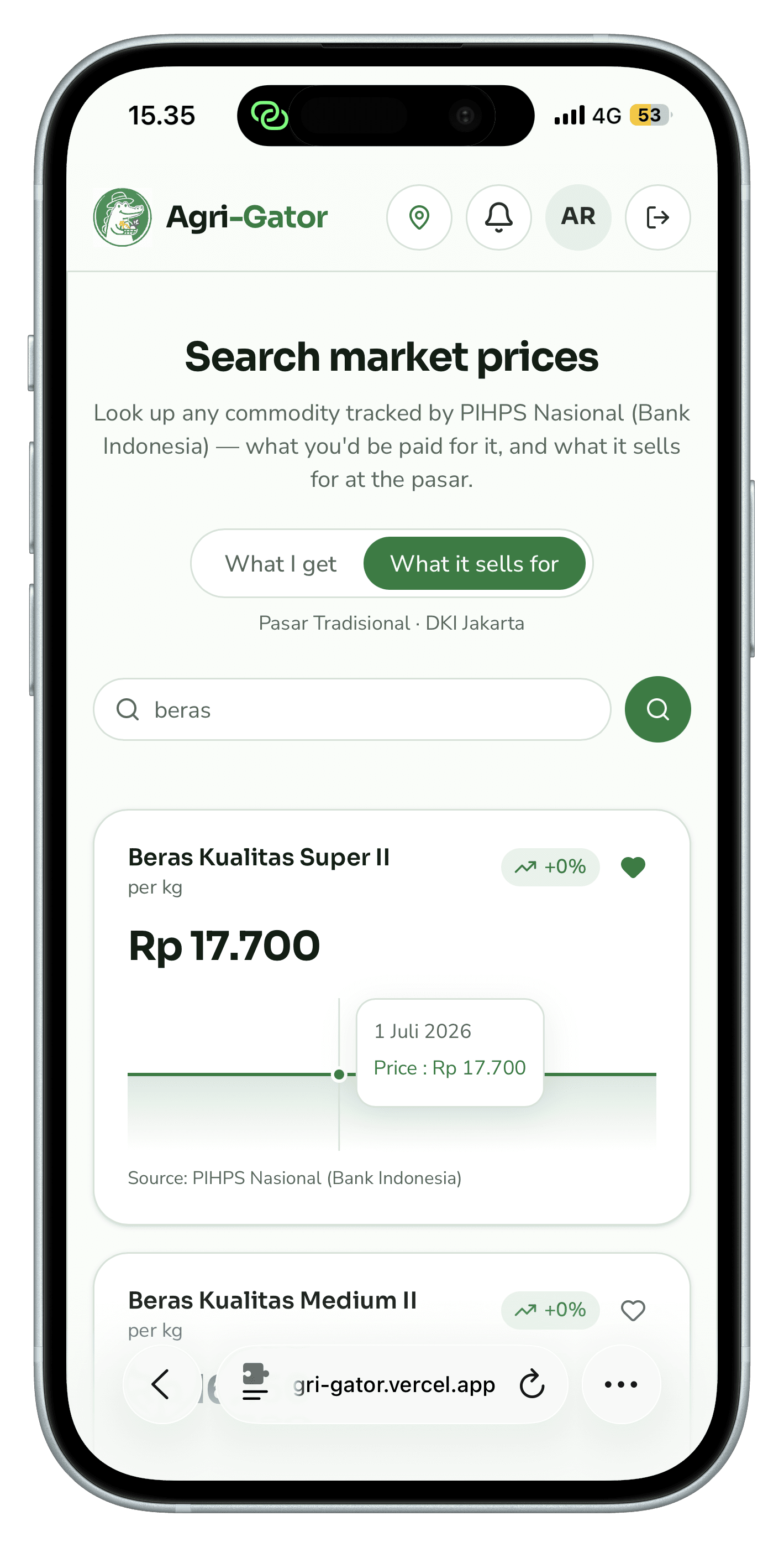 Market Price Board running on a phone