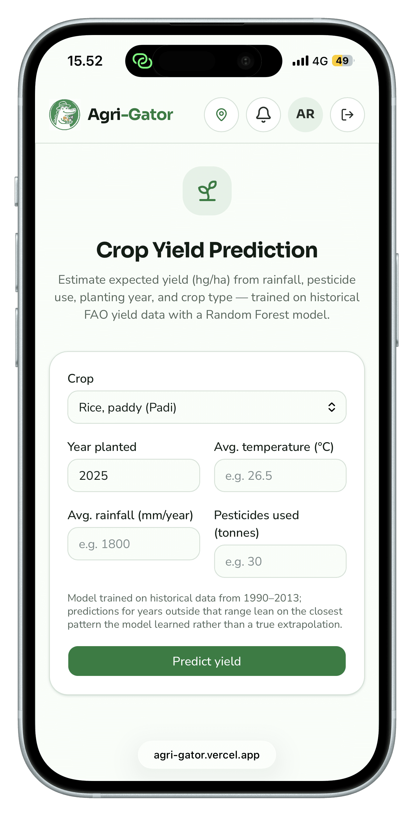 Crop Yield Prediction running on a phone
